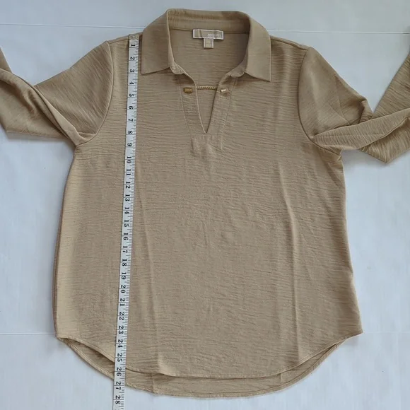 Michael Michael Kors Chain Accent Collared V-Neck Long Sleeve Blouse LARGE Tan - Picture 15 of 16